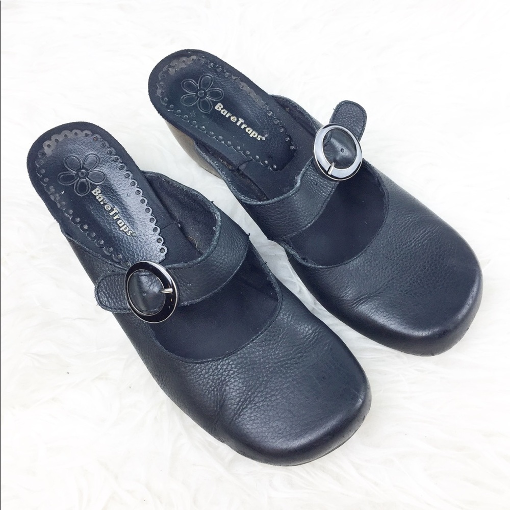 BareTrap 8.5 Black Leather Mary Jane Clogs